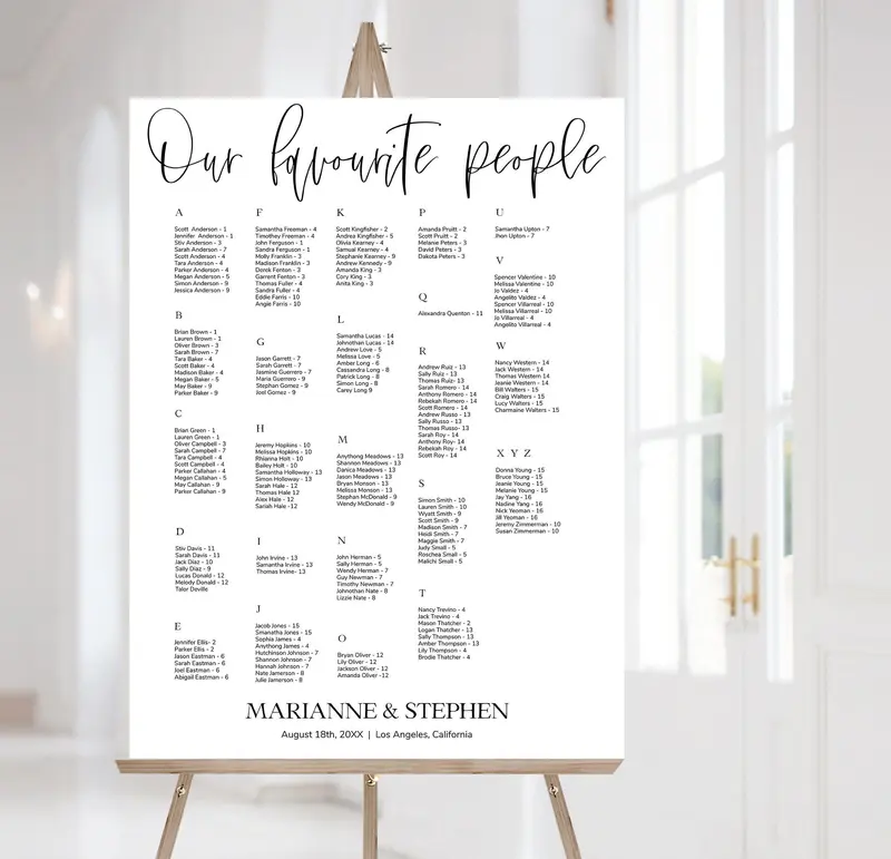 Alphabetic Seating Charts | 10 sizes | Minimalist Wedding Reception Signage