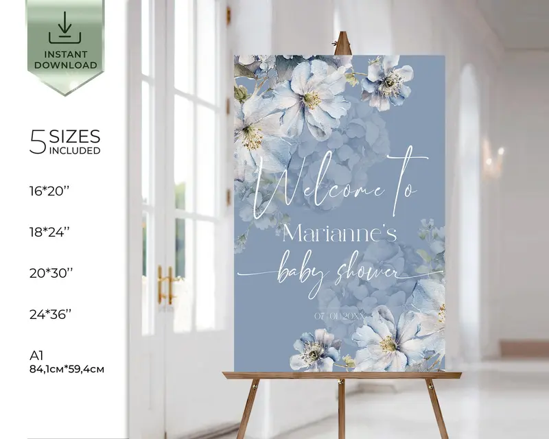 Baby Shower Entrance Sign Printable | Blue Blossom Welcome Poster