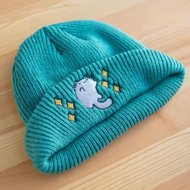 Beanie (short & small) - Luna cat, teal