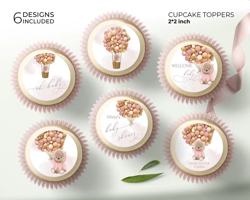 Bear Baby Shower Cupcake Toppers | 6 Designs Included | Pink & Brown Themed Printables