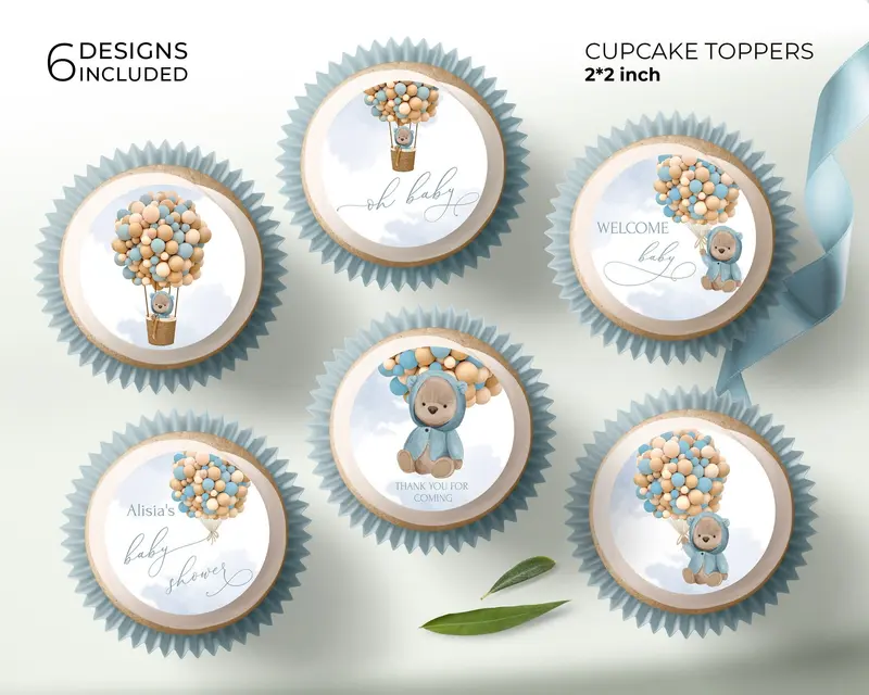 Blue Bear Baby Shower Cupcake Toppers | 6 Designs | We Can Bearly Wait