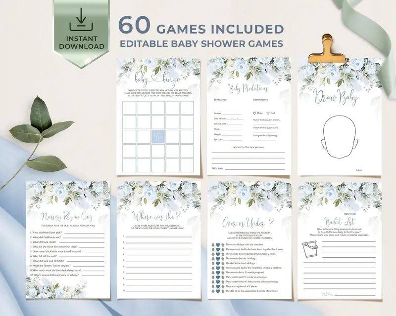 Blue Floral Baby Shower Games Set (60) – Editable Instant Download