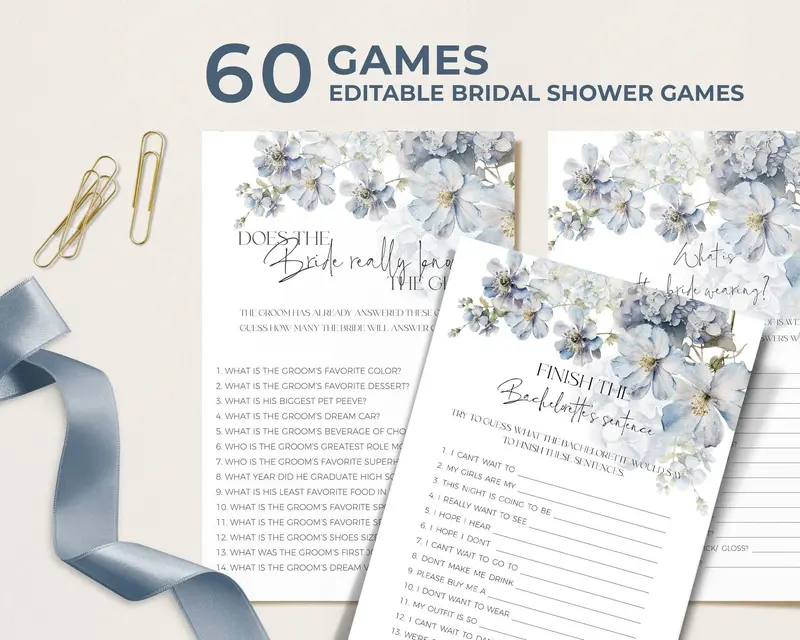 Blue Floral Bridal Shower Games Bundle | 60 Printable Activities