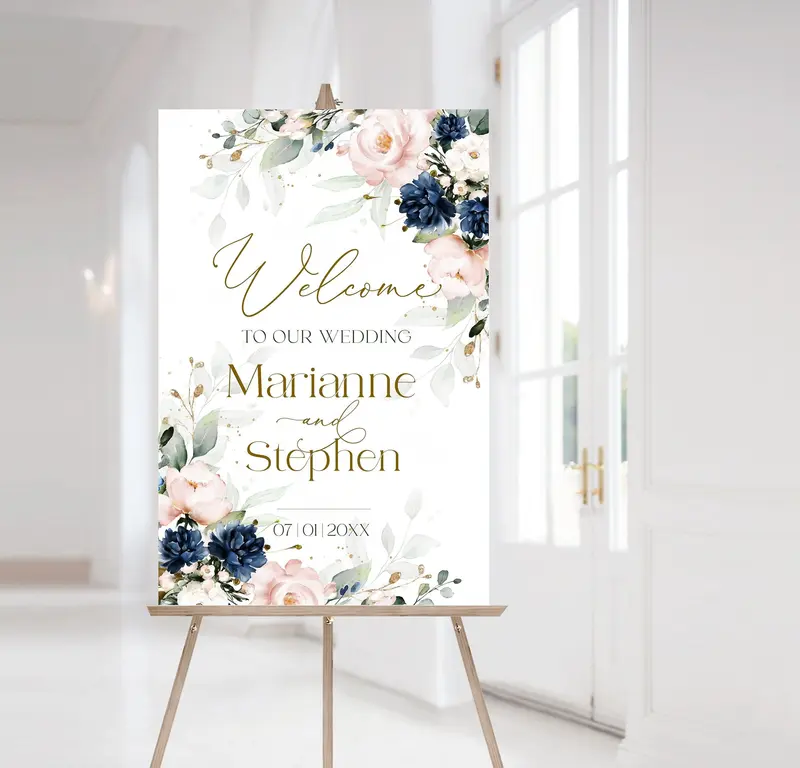 Blue Navy & Blush Wedding Welcome Sign | 5 Sizes | DIY Reception Signage