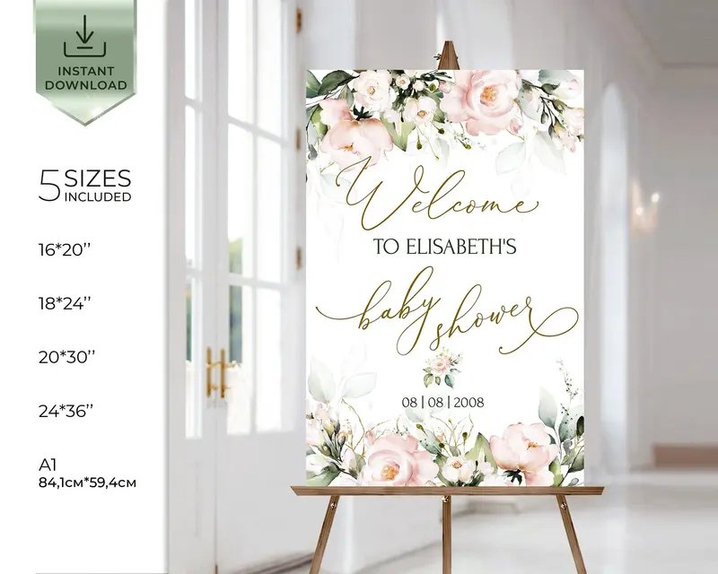 Blush Floral Baby Shower Welcome Board | 5 Sizes | DIY Printables