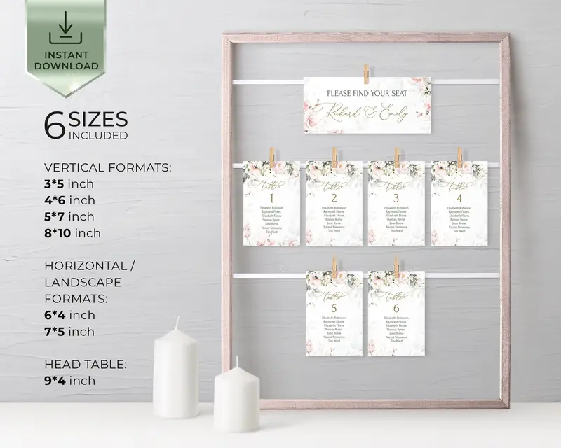 Blush Floral Wedding Escort Cards Seating Display Printable
