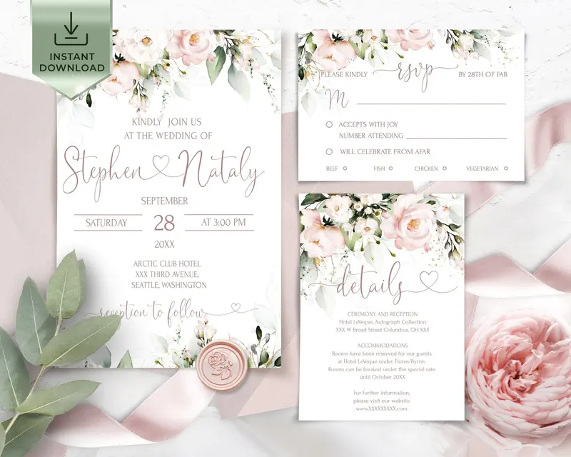 Blush Floral Wedding Invitation Set | Romantic Pink & Ivory 💐✨