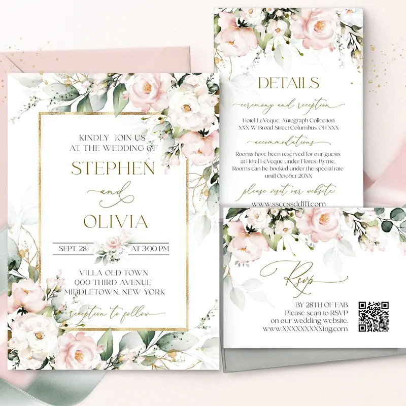 Blush Floral Wedding Invitation Suite | 5 items | Elegant Gold Frame
