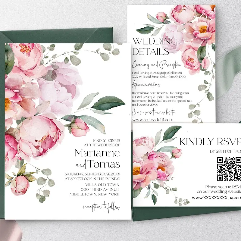 Blush Peony Wedding Invitation Set | Elegant Floral RSVP & Details