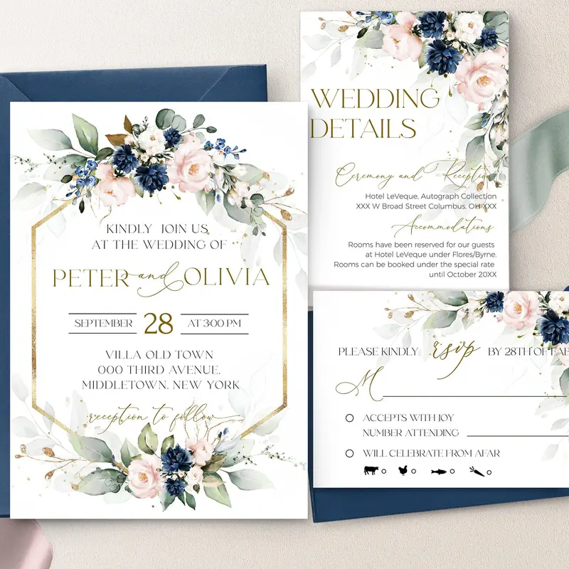 Blush Pink Blue Navy Invitation Suite | DIY Bride Inspiration