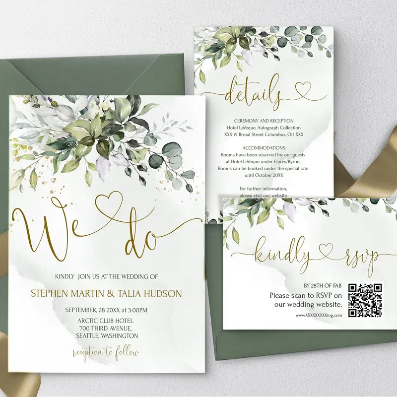 Botanical Wedding We Do Invitation Suite | Invite, Details & QR RSVP Card
