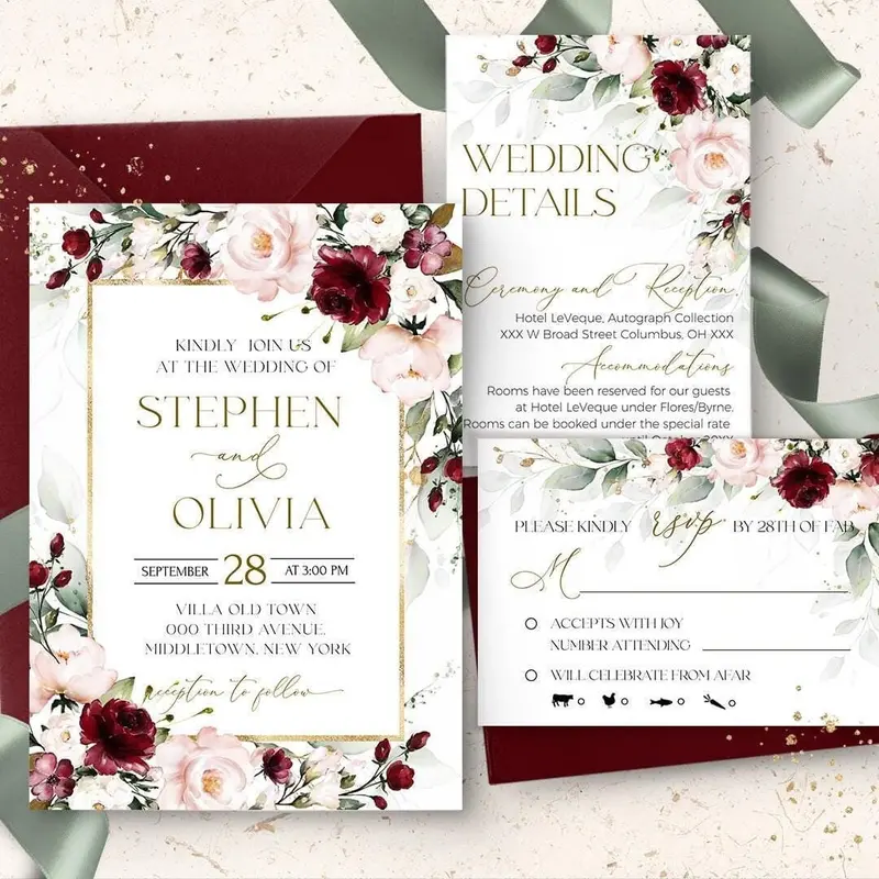 Burgundy Blush Wedding Invitation Suite Editable Printable