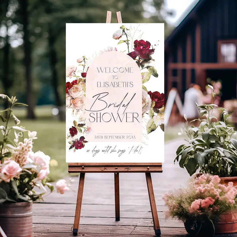 Burgundy Rose Bridal Shower Welcome Board Printable Entrance Sign