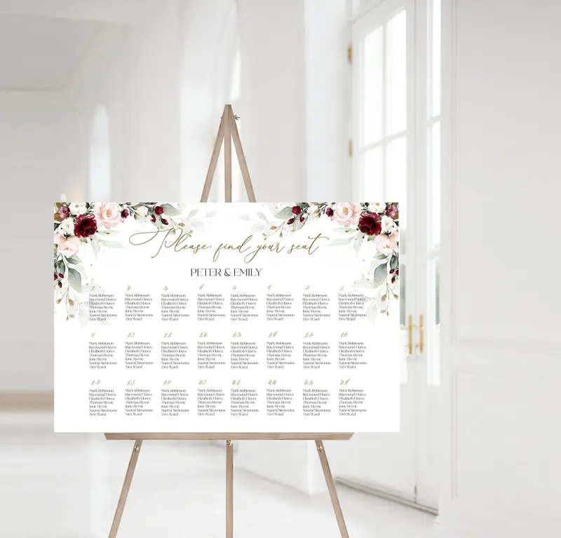 Burgundy Seating Chart Sign | 6 sizes | Printable Wedding Seating Poster