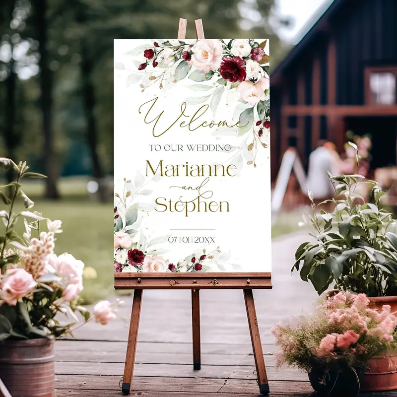 Burgundy Wedding Welcome Sign | 5 Editable Items | Blush Pink Poster