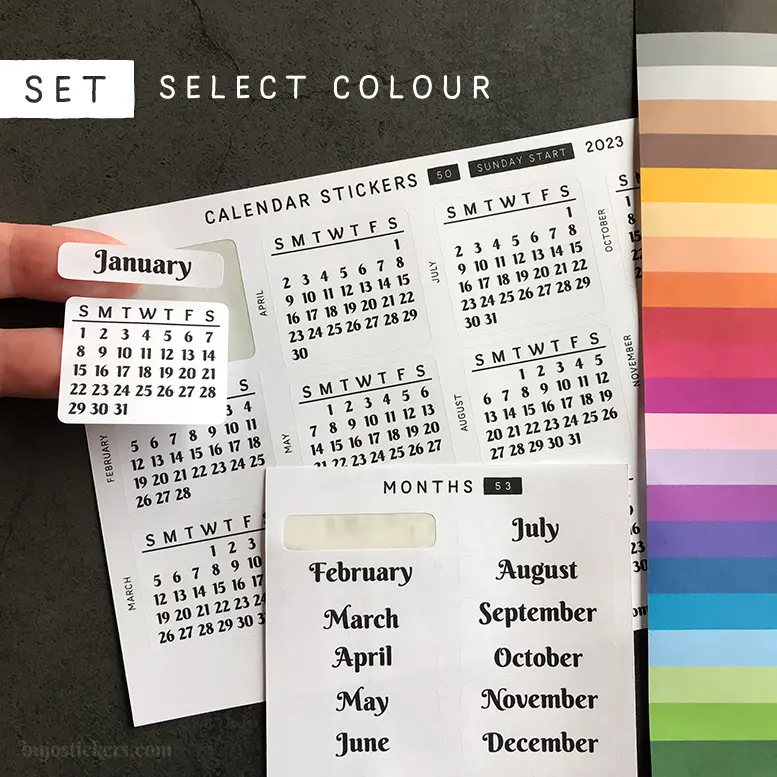Calendar & Month SET • Sunday start • 29 colour options • 50+53