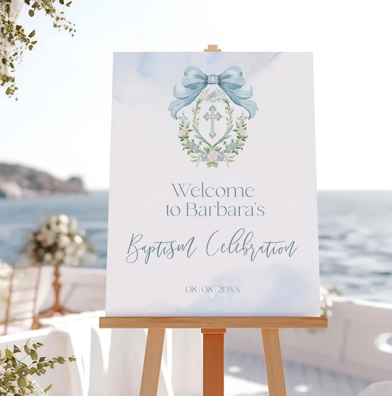 Christening Welcome Sign Printable | 6 Sizes | Blue Watercolor Crest