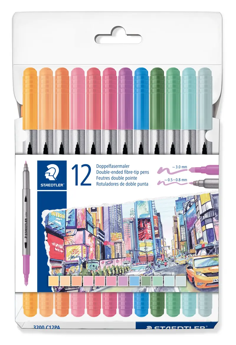 Douple-ended fibre tip pens pastel 12 colors