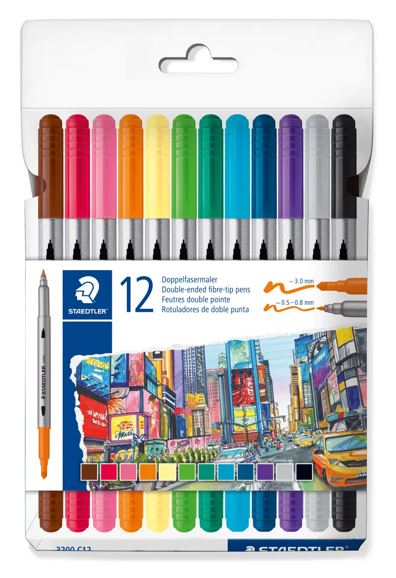 Douple-ended fibre tip pens standard 12 colors