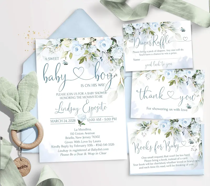 Dusty Blue Floral Baby Boy Shower Invite Bundle + Diaper Raffle