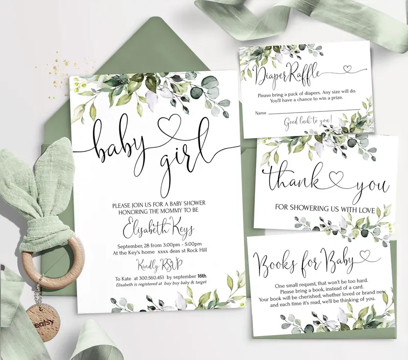 Editable Baby Girl Shower Invitation Set | Minimal Greenery