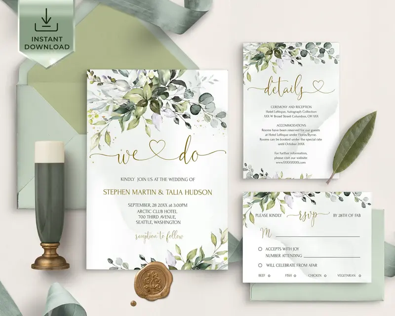 Editable Eucalyptus Wedding Invitation Set Instant Download
