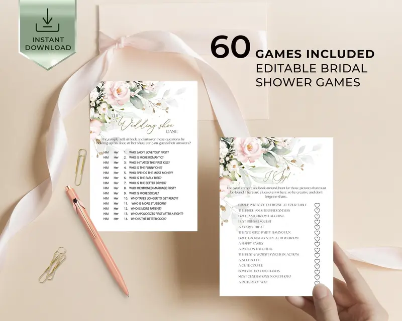 Editable Floral Game Pack for Bridesmaids | 60 Games | DIY Bridal Shower