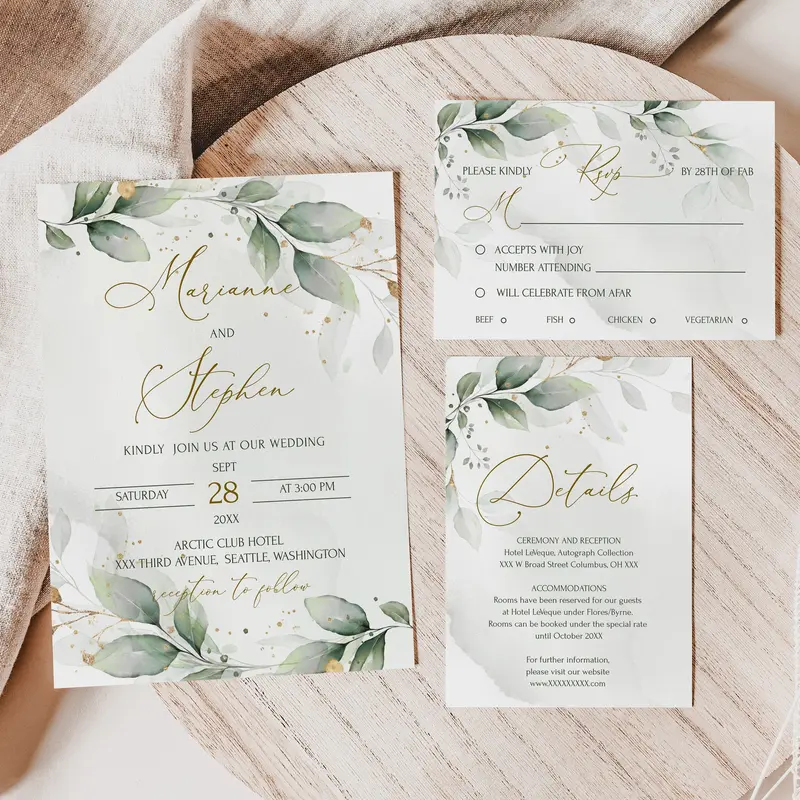 Editable Greenery Wedding Invitation Suite with RSVP and Details