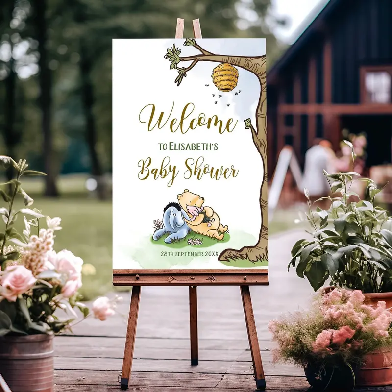 Editable Pooh Theme Baby Shower Welcome Board Woodland Entrance Sign