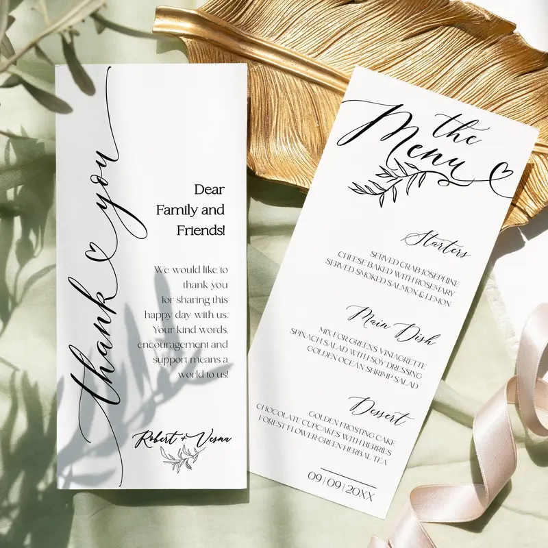 Editable Wedding Menu & Thank You Card Set Minimal Script
