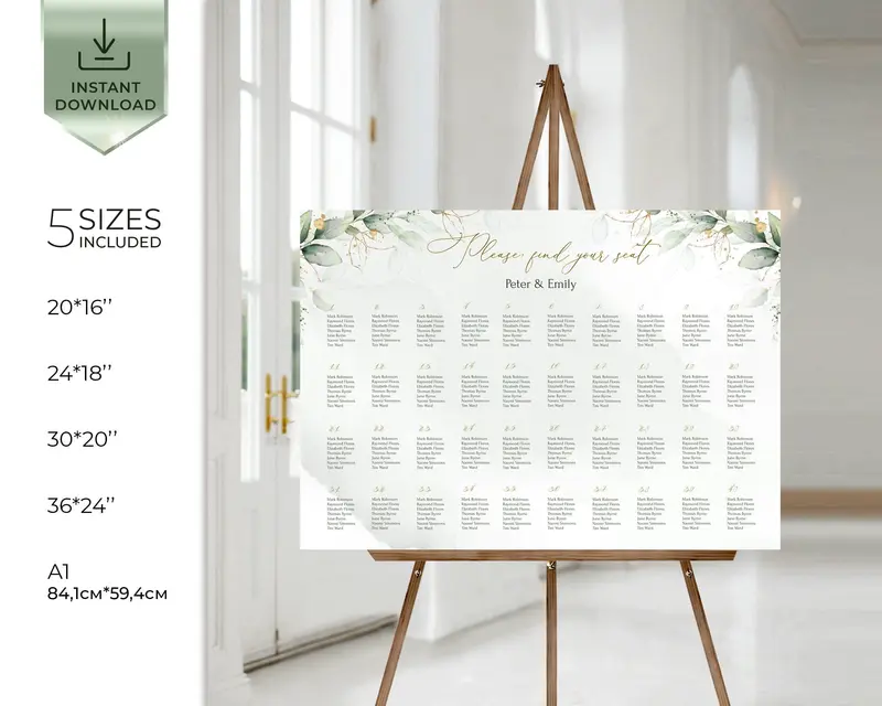 Editable Wedding Seating Chart Sign Greenery Gold 5 Sizes