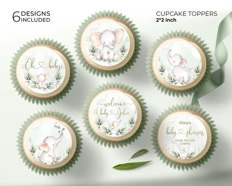 Elephant Baby Shower Cupcake Toppers 2 Inch Printable, 6 Designs