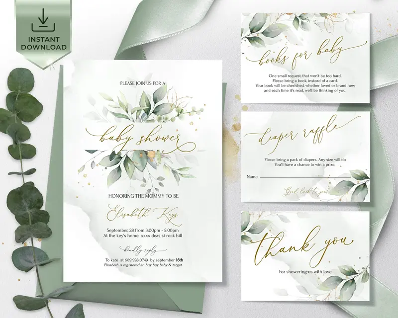 Eucalyptus Baby Shower Invitation Set Greenery Bundle