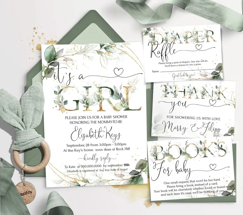 Eucalyptus Baby Shower Set | Greenery Gold It’s a Girl Invitation