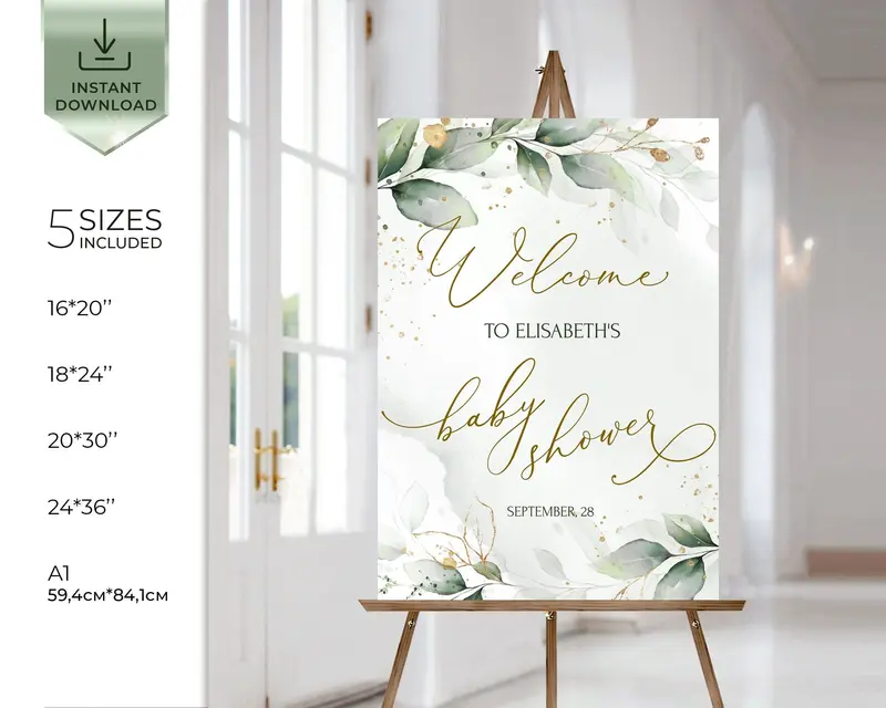 Eucalyptus Baby Shower Welcome Poster, Printable Sign Set, 5 Sizes