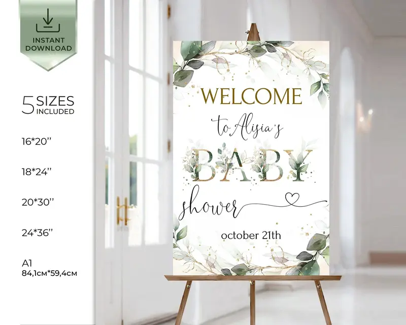 Eucalyptus Baby Shower Welcome Sign | 7 sizes | Greenery & Gold Poster