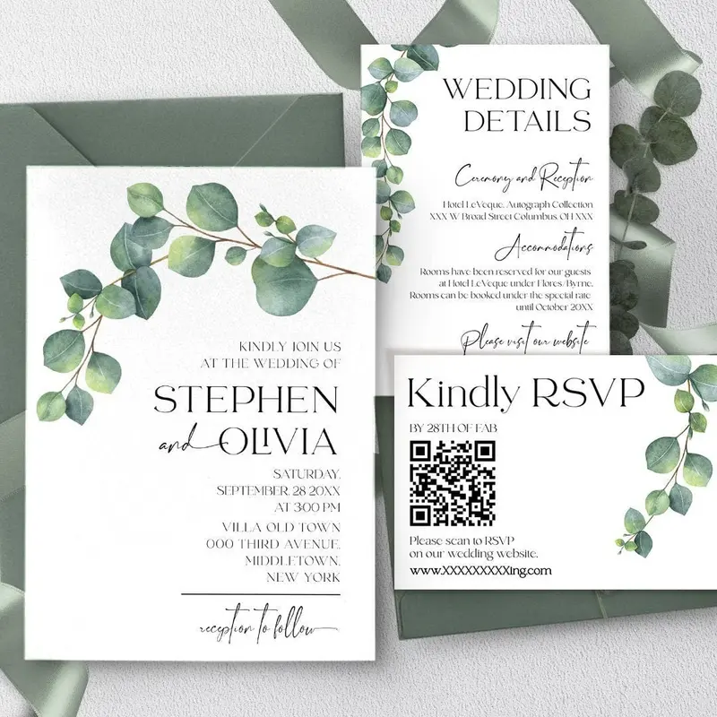 Eucalyptus Wedding Invitation Set | 6 Sizes | Greenery Modern Wedding Suite