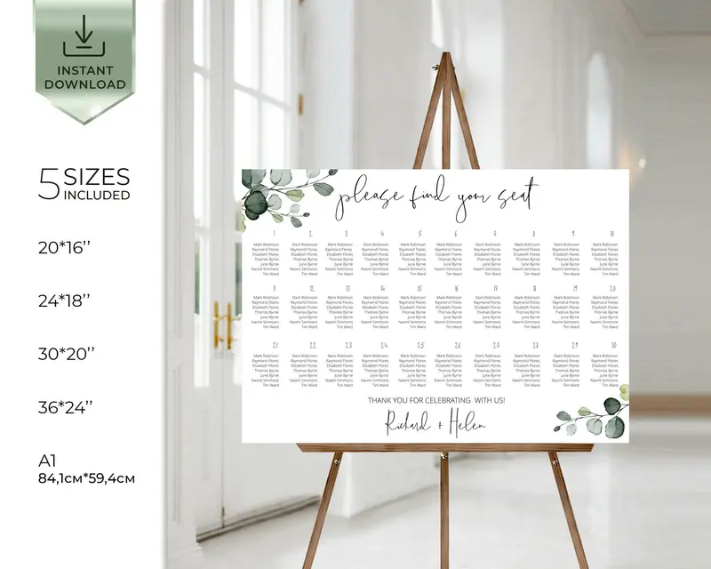 Eucalyptus Wedding Seating Chart | 6 Sizes | Minimalist Greenery Seating Plan