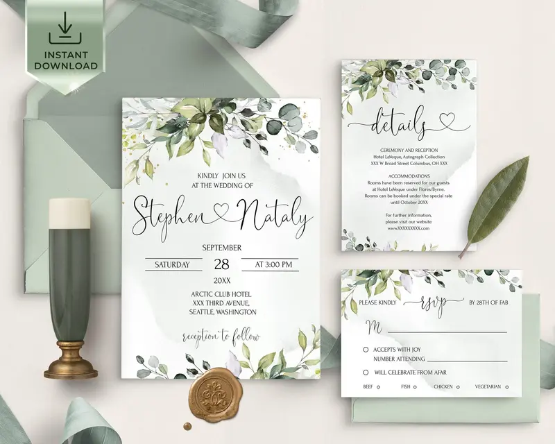 Eucalyptus Wedding Stationery Bundle | Invite RSVP Details