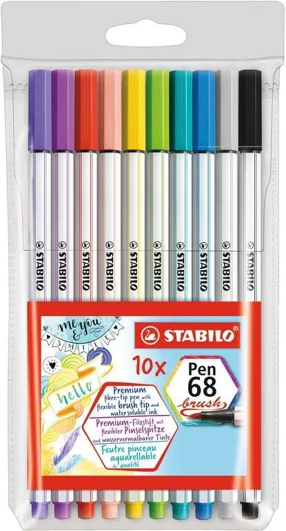 Fiberpenna Stabilo Pen 68 Brush, Vattenlösliga, 10 färger/fp