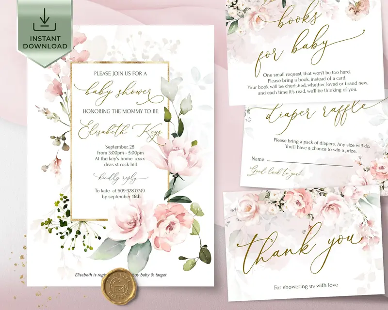 Floral Printable Baby Shower Invites Bundle | Editable Baby Shower Invite Girl