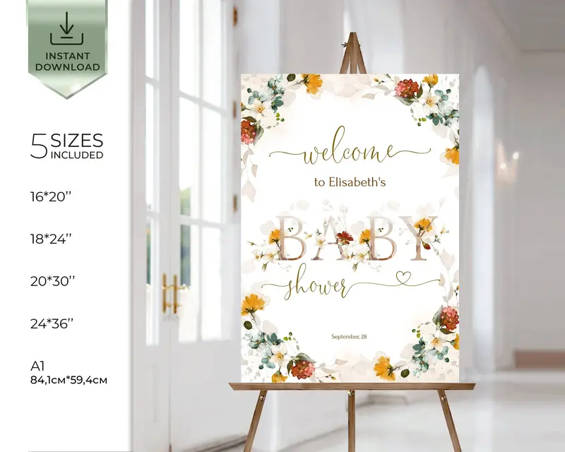 Garden Wildflower Baby Shower Entrance Sign Editable Welcome Poster