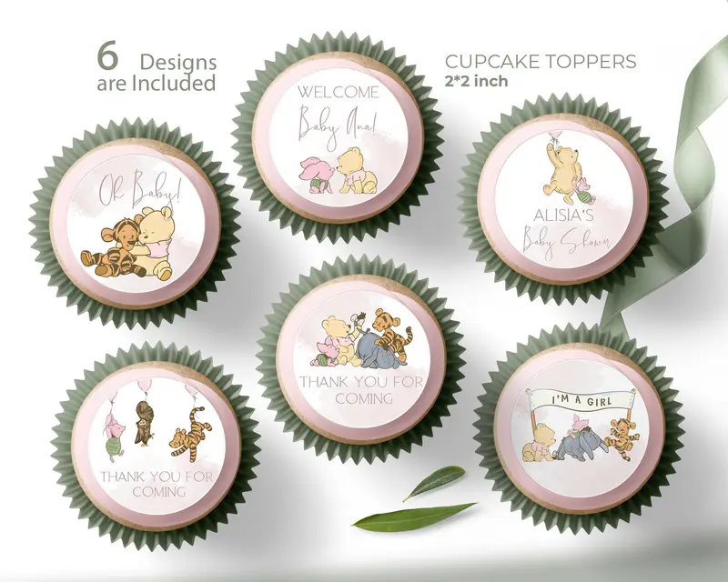 Girl Baby Shower Cupcake Toppers | 6 Designs Included | Pooh Themed Printables