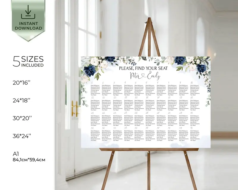 Gold Floral Wedding Seating Chart | 6 Sizes | Navy Blue Themed Inspo