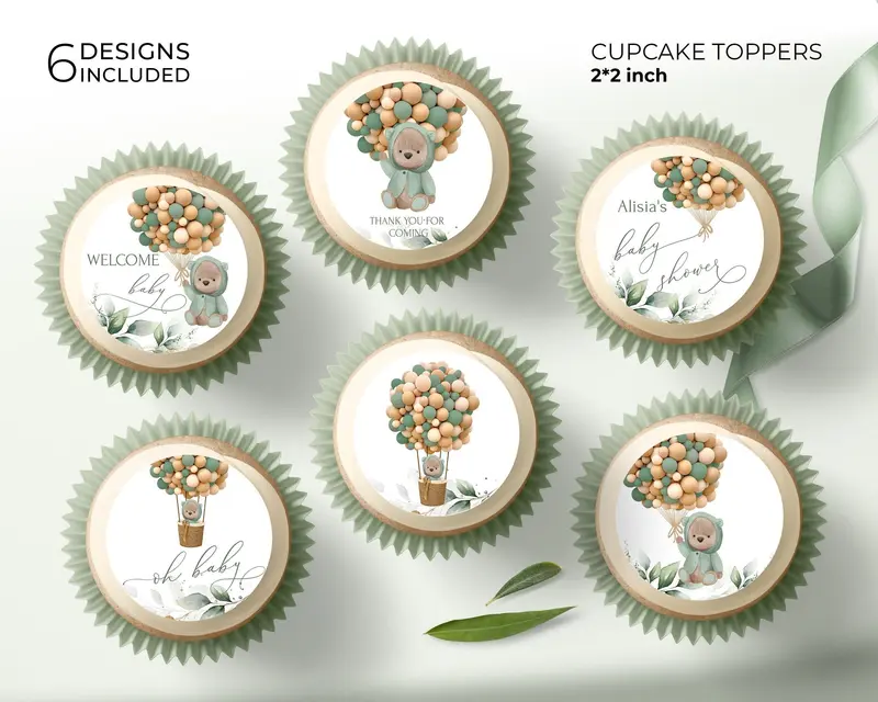 Green Bear Baby Shower Cupcake Toppers | 6 Designs | DIY Printables