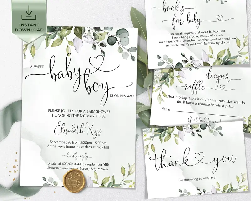 Greenery Baby Boy Shower Invitation Set + Raffle & Inserts