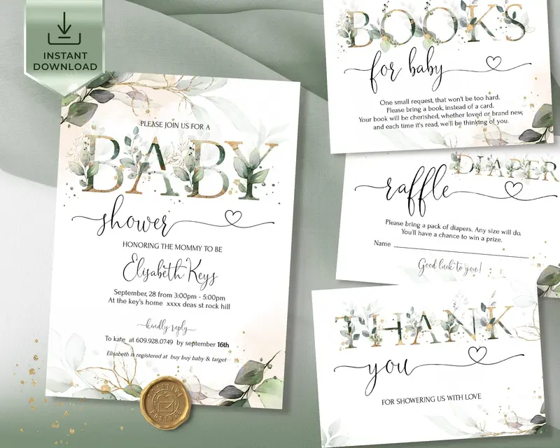 Greenery Baby Shower Invitation Set | 7 Eucalyptus Gold Printables