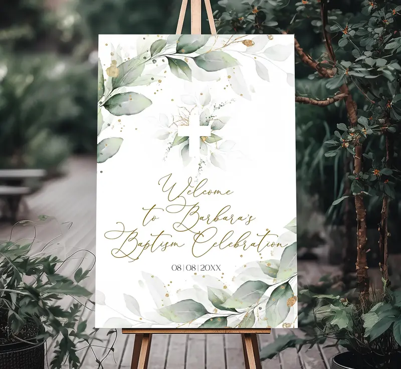 Greenery Gold Christening Welcome Poster | 6 Sizes | DIY Welcome Board