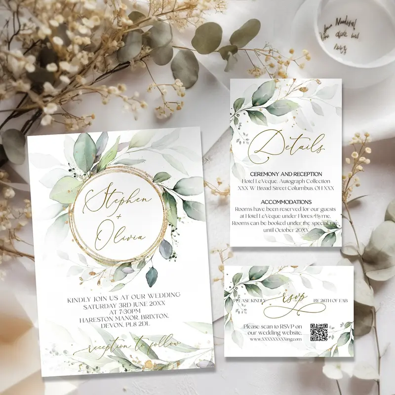 Greenery Gold Circle Wedding Invitation Suite + QR RSVP Set