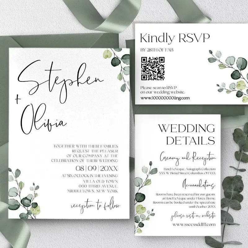 Greenery Wedding Invitation Set | Eucalyptus Invite Set with RSVP